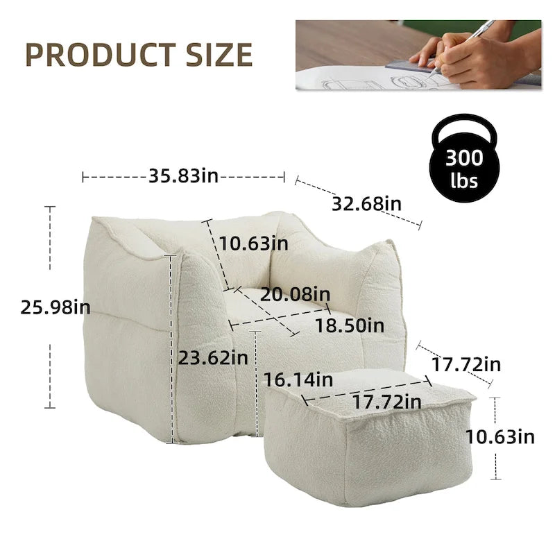 Pouf carré sans accoudoirs en tissu bouclé avec ottoman