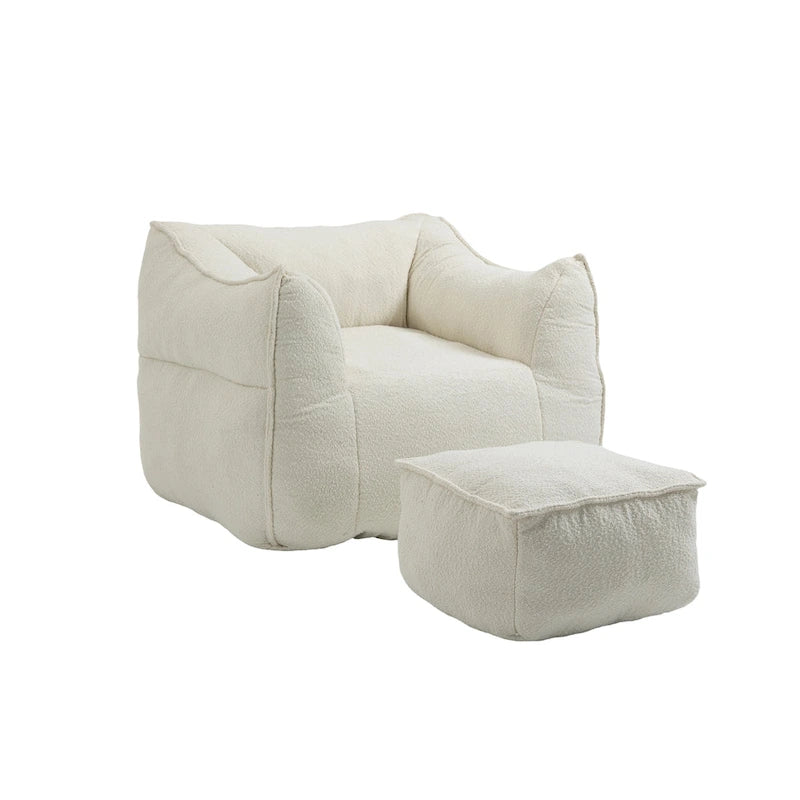 Pouf carré sans accoudoirs en tissu bouclé avec ottoman