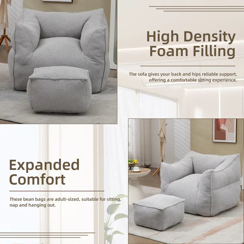 Pouf carré sans accoudoirs en tissu bouclé avec ottoman
