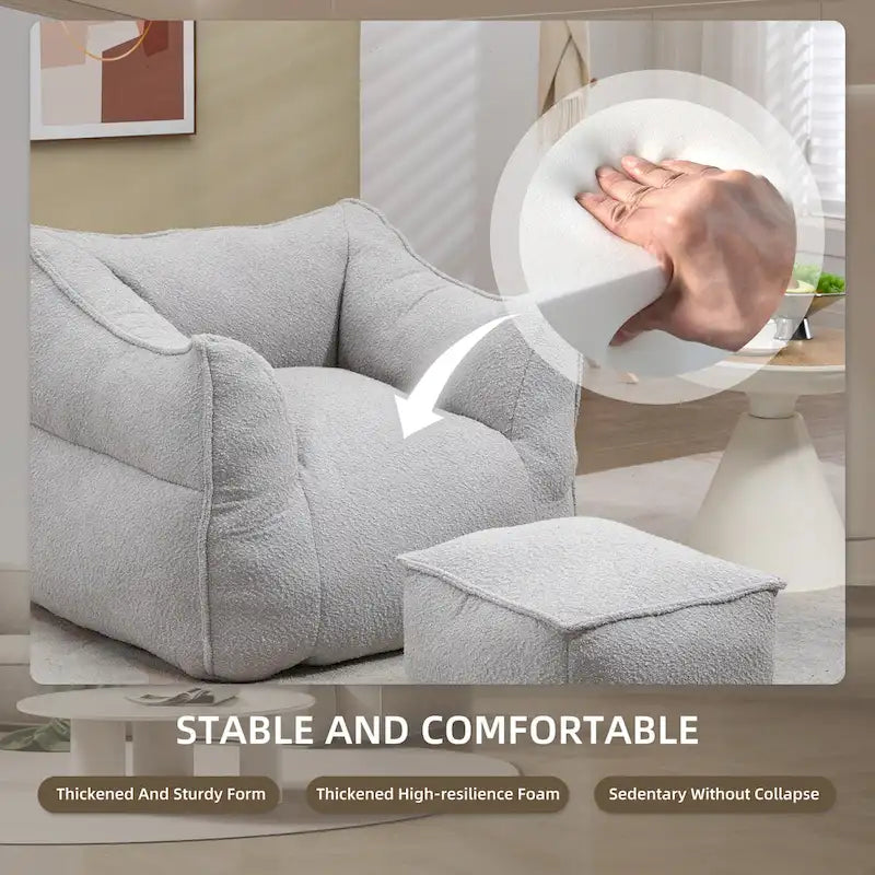 Pouf carré sans accoudoirs en tissu bouclé avec ottoman