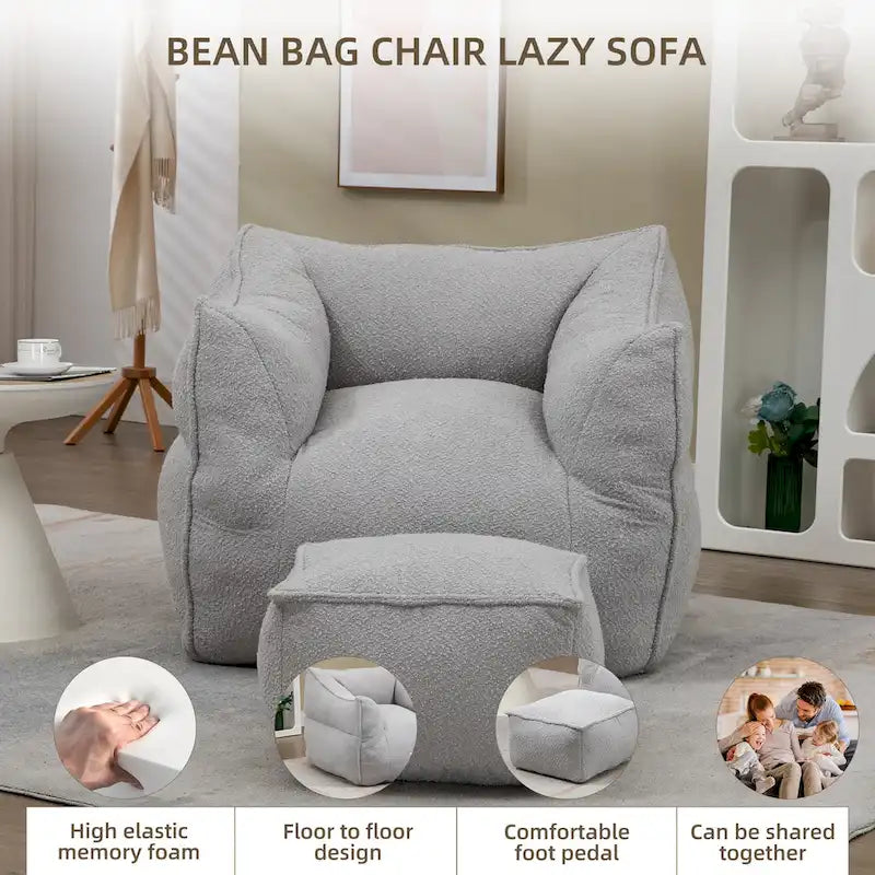 Pouf carré sans accoudoirs en tissu bouclé avec ottoman