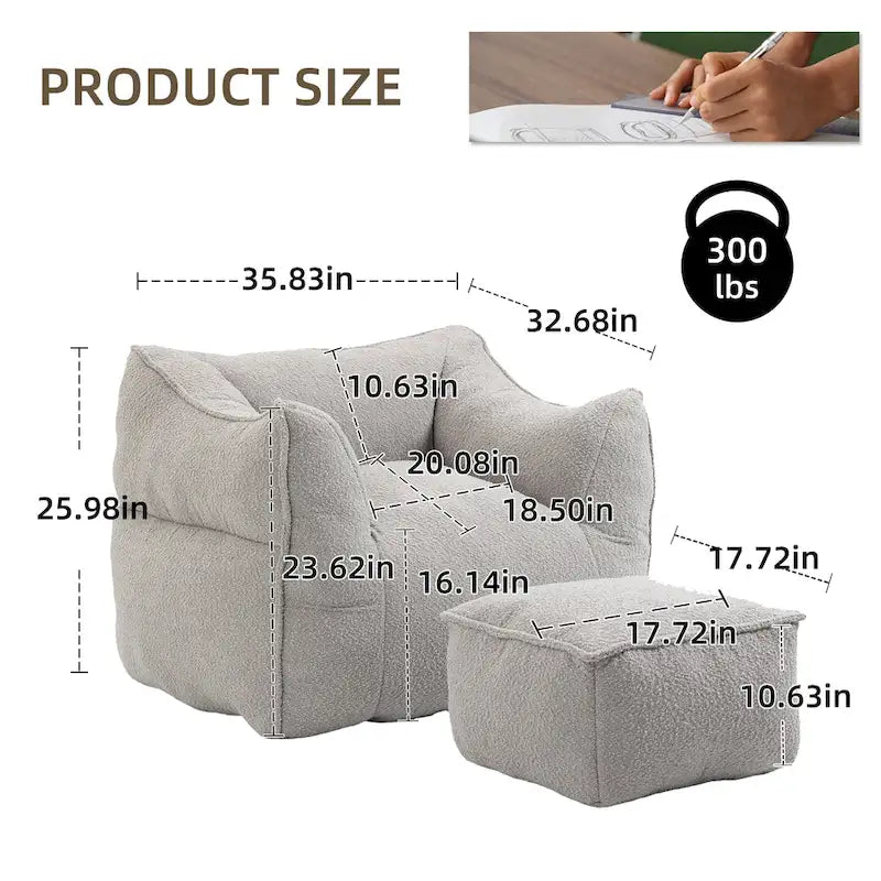 Pouf carré sans accoudoirs en tissu bouclé avec ottoman
