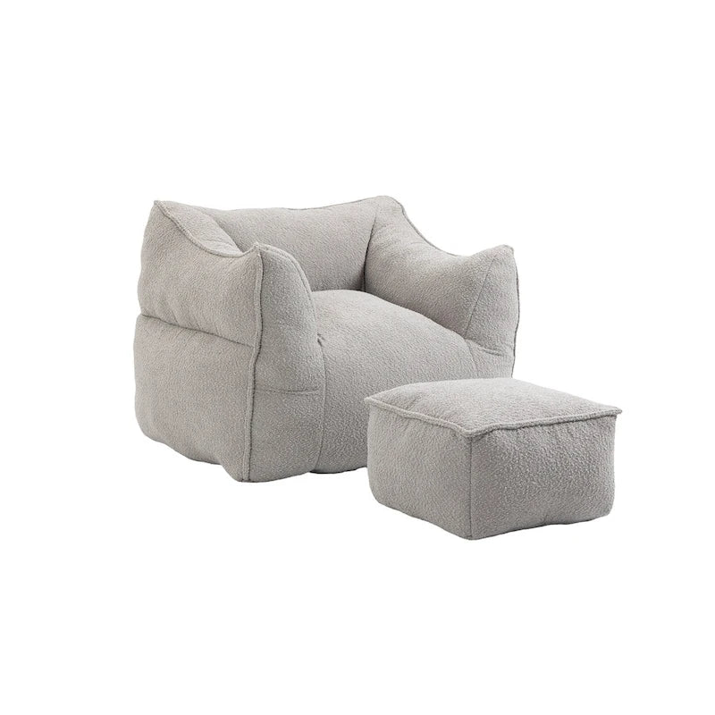 Pouf carré sans accoudoirs en tissu bouclé avec ottoman