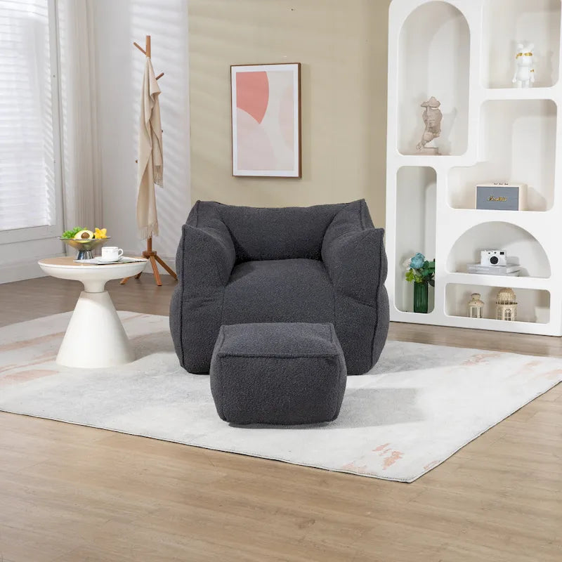 Pouf carré sans accoudoirs en tissu bouclé avec ottoman