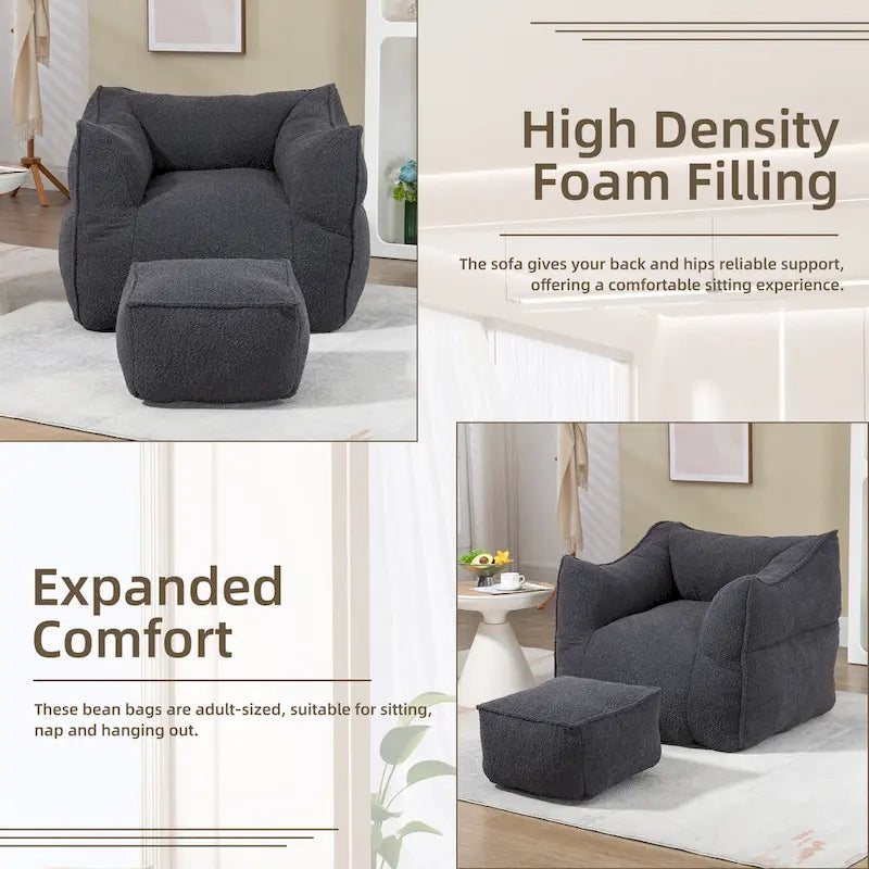 Pouf carré sans accoudoirs en tissu bouclé avec ottoman