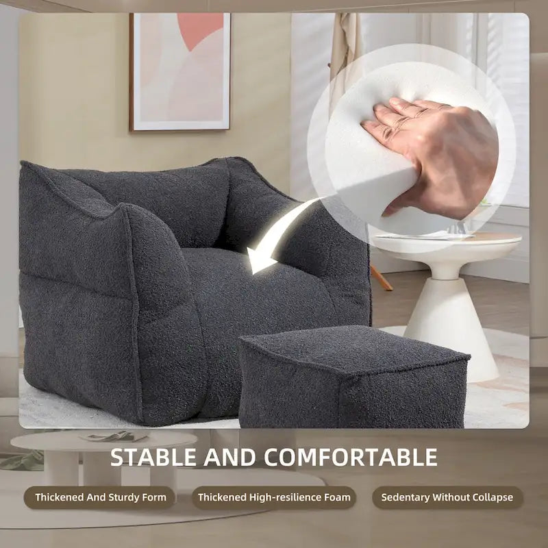 Pouf carré sans accoudoirs en tissu bouclé avec ottoman
