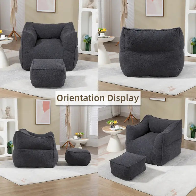 Pouf carré sans accoudoirs en tissu bouclé avec ottoman