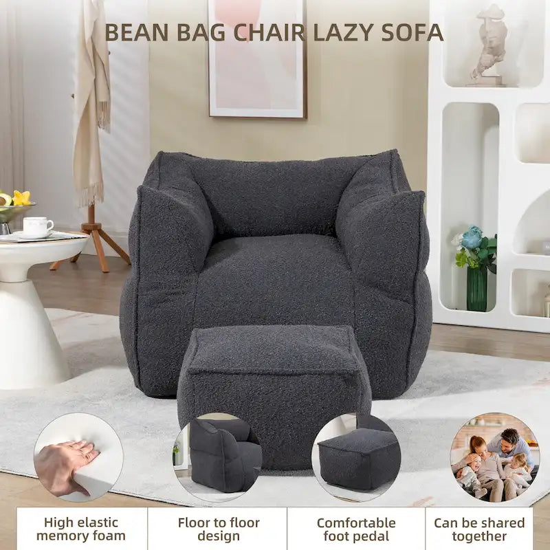 Pouf carré sans accoudoirs en tissu bouclé avec ottoman