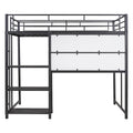 Full Size Loft Bed with Desk and Whiteboard, Metal Loft Bed with 3 Shelves and Ladder, Black