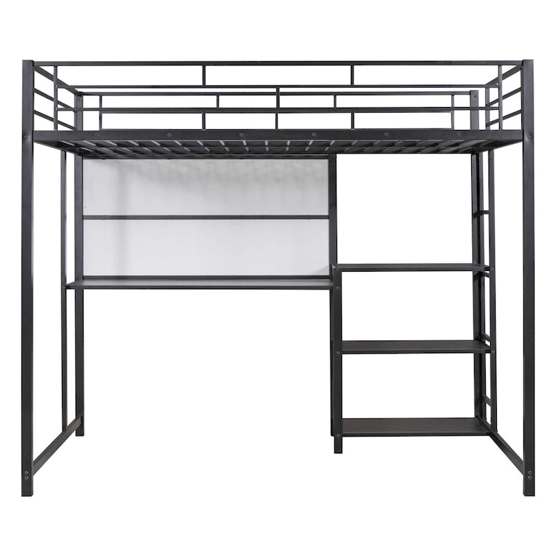 Lit mezzanine pleine grandeur avec bureau et tableau blanc, lit mezzanine en métal avec 3 étagères et échelle, noir
