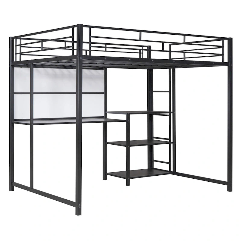 Lit mezzanine pleine grandeur avec bureau et tableau blanc, lit mezzanine en métal avec 3 étagères et échelle, noir