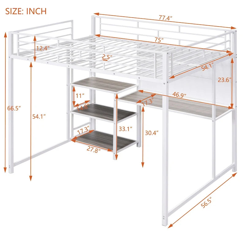 Lit mezzanine pleine grandeur avec bureau et tableau blanc, lit mezzanine en métal avec 3 étagères et échelle, noir