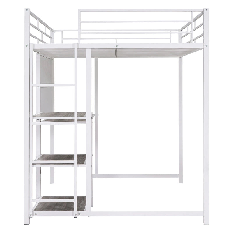 Lit mezzanine pleine grandeur avec bureau et tableau blanc, lit mezzanine en métal avec 3 étagères et échelle, noir