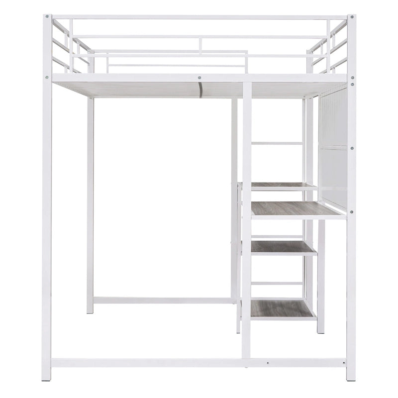 Lit mezzanine pleine grandeur avec bureau et tableau blanc, lit mezzanine en métal avec 3 étagères et échelle, noir