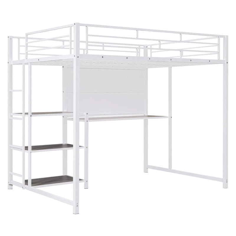 Lit mezzanine pleine grandeur avec bureau et tableau blanc, lit mezzanine en métal avec 3 étagères et échelle, noir