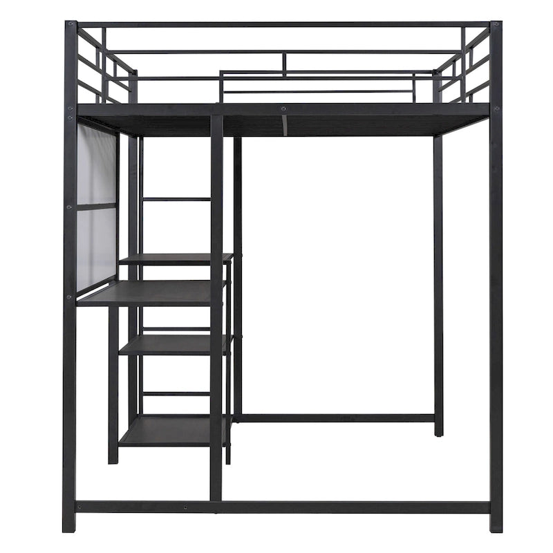Lit mezzanine pleine grandeur avec bureau et tableau blanc, lit mezzanine en métal avec 3 étagères et échelle, noir