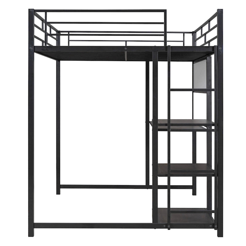 Lit mezzanine pleine grandeur avec bureau et tableau blanc, lit mezzanine en métal avec 3 étagères et échelle, noir