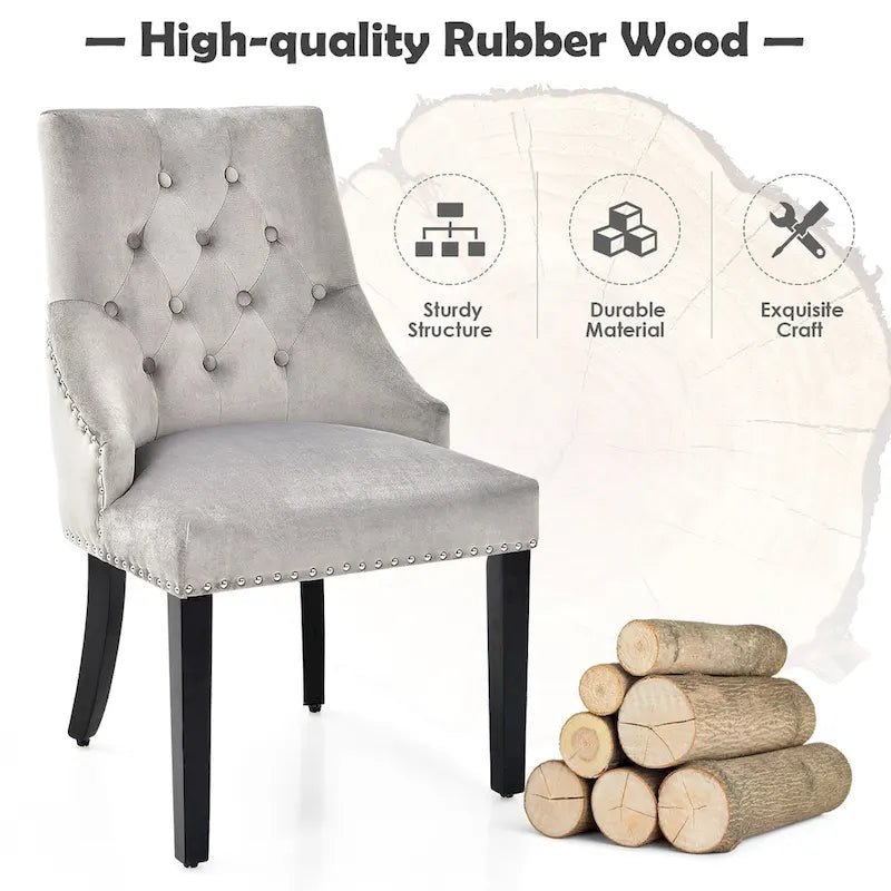 Chaise de salle à manger en velours capitonnée sans accoudoirs avec clous décoratifs et anneau