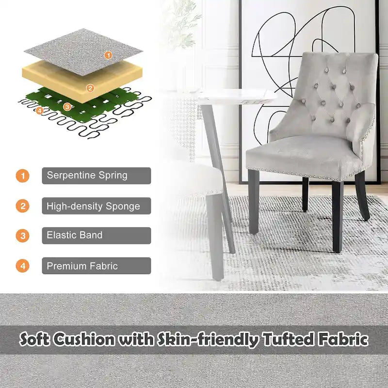 Chaise de salle à manger en velours capitonnée sans accoudoirs avec clous décoratifs et anneau