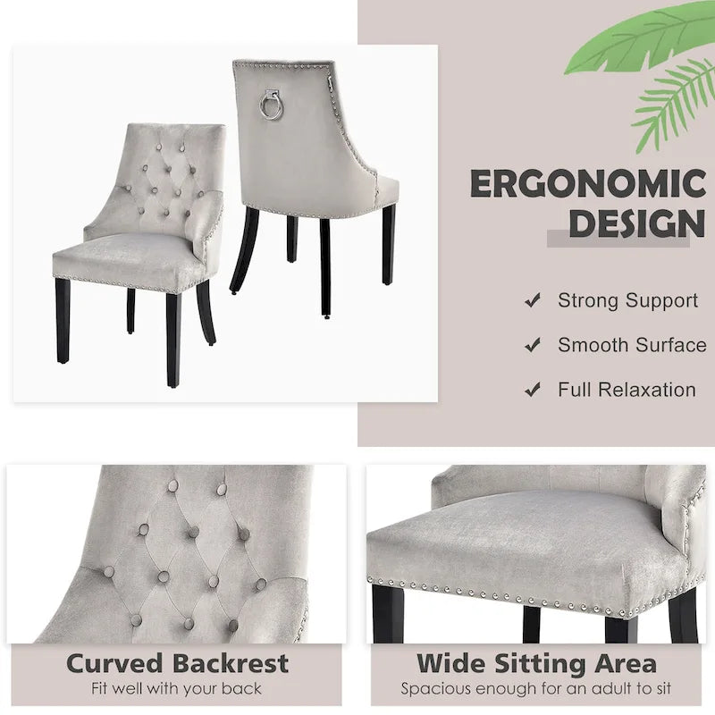 Chaise de salle à manger en velours capitonnée sans accoudoirs avec clous décoratifs et anneau