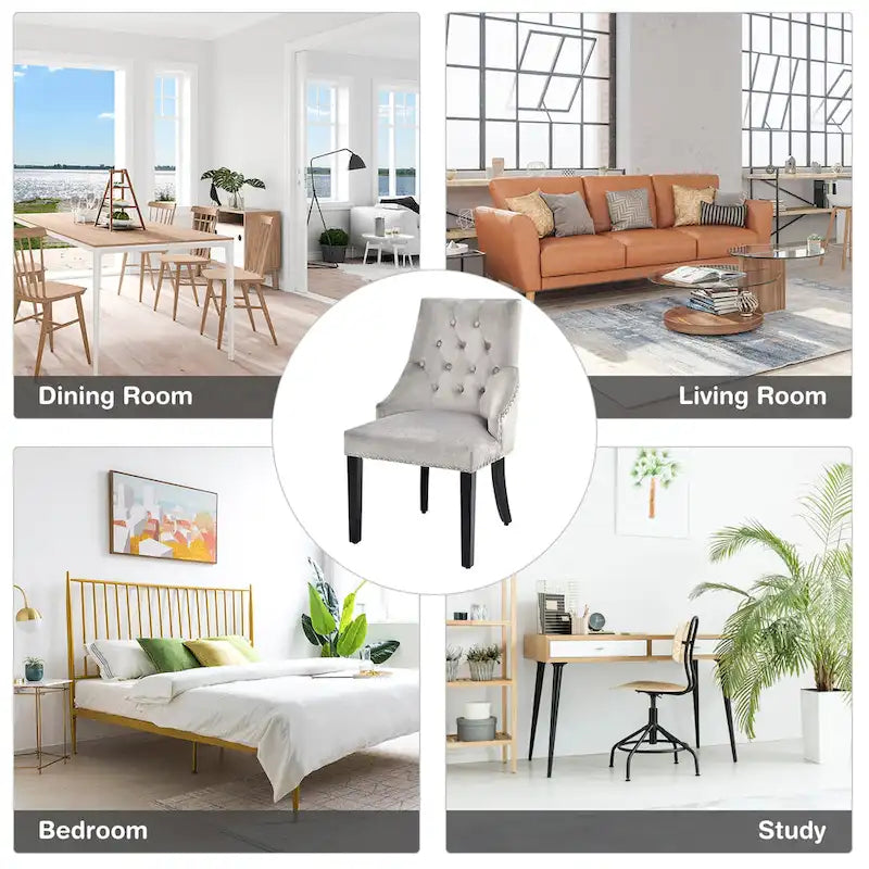 Chaise de salle à manger en velours capitonnée sans accoudoirs avec clous décoratifs et anneau