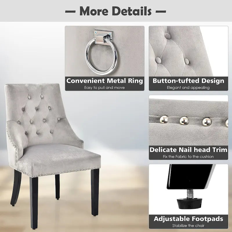 Chaise de salle à manger en velours capitonnée sans accoudoirs avec clous décoratifs et anneau