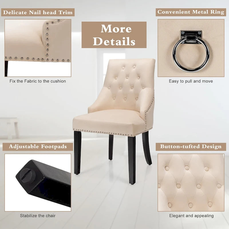 Chaise de salle à manger en velours capitonnée sans accoudoirs avec clous décoratifs et anneau