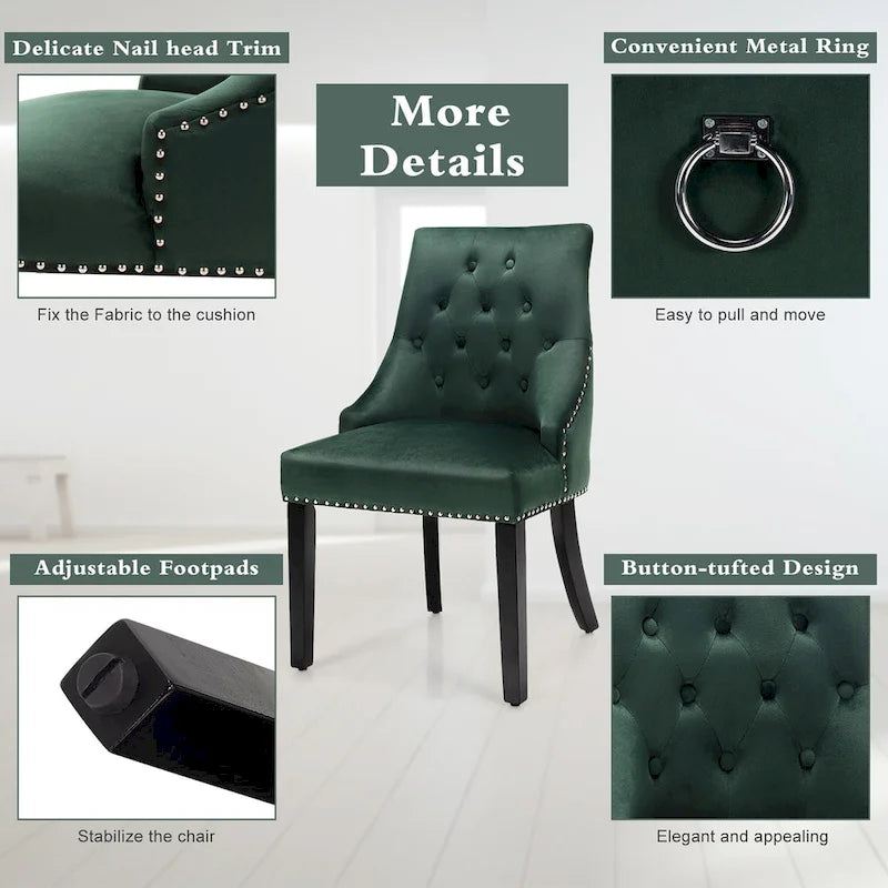 Chaise de salle à manger en velours capitonnée sans accoudoirs avec clous décoratifs et anneau