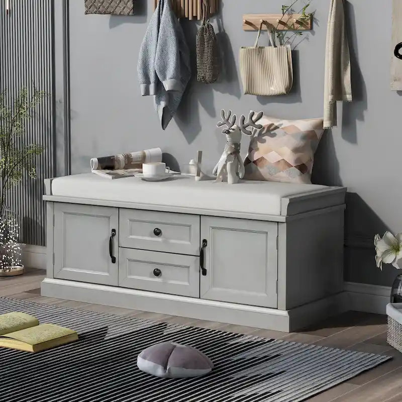 Banc à Chaussures de Rangement avec 2 Tiroirs, 2 Armoires et Coussin Amovible