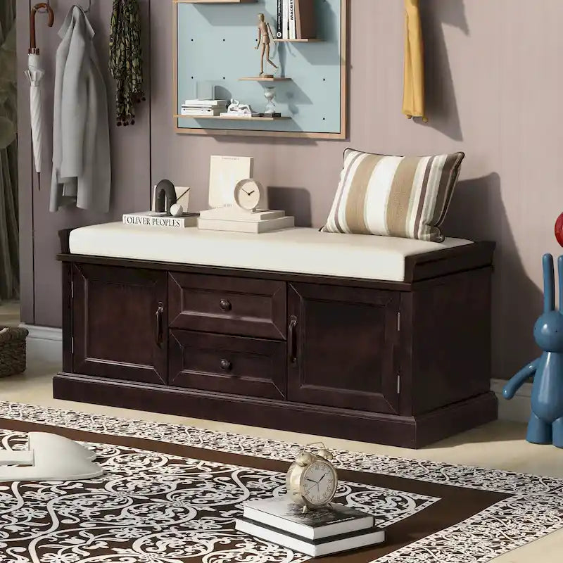 Storage Shoes Bench with 2 Drawers, 2 Cabinets and Removable Cushion