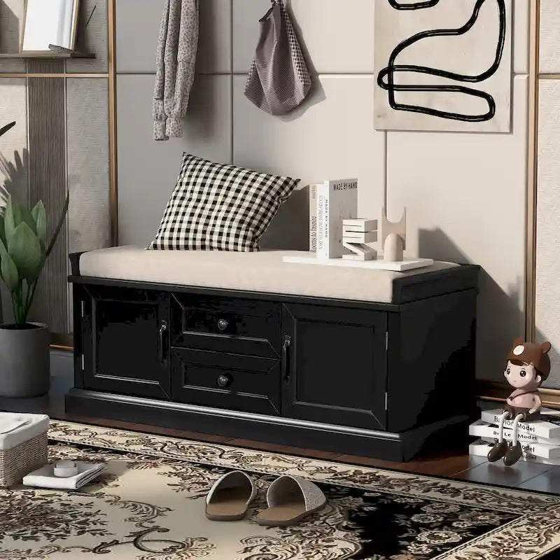 Banc à Chaussures de Rangement avec 2 Tiroirs, 2 Armoires et Coussin Amovible