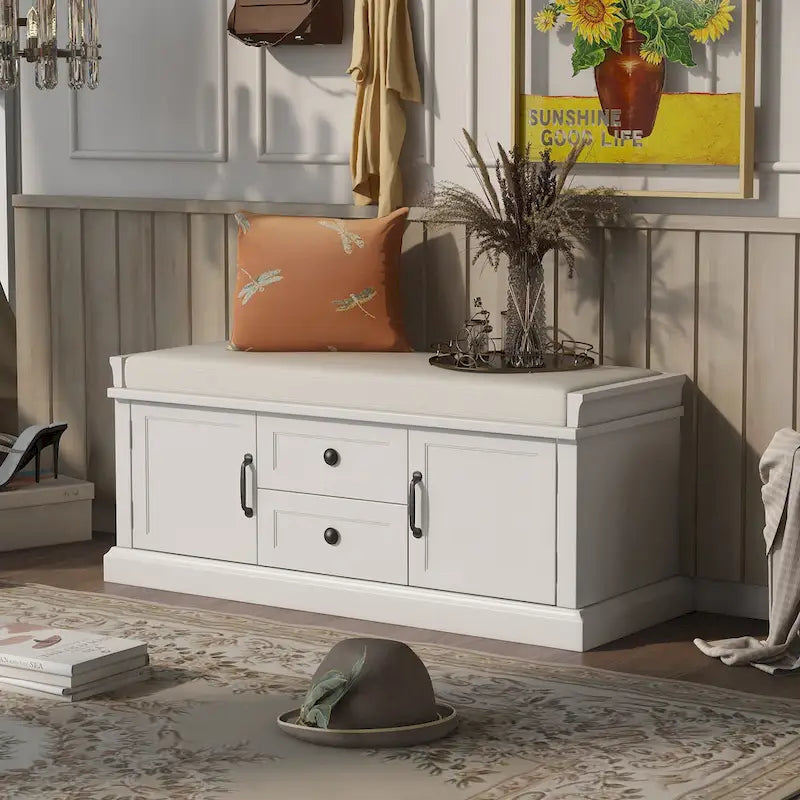 Banc à Chaussures de Rangement avec 2 Tiroirs, 2 Armoires et Coussin Amovible