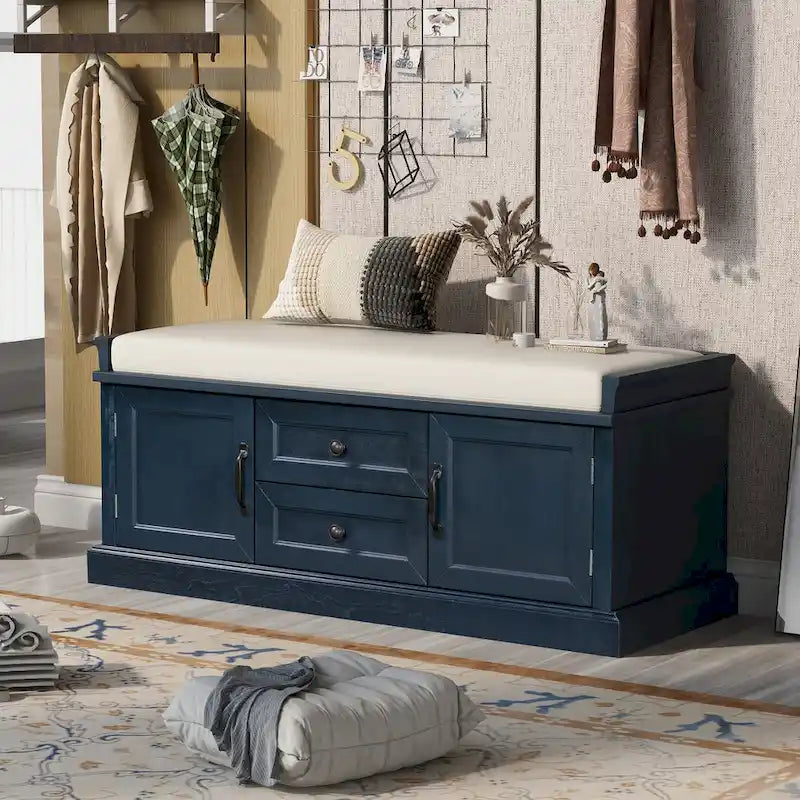 Banc à Chaussures de Rangement avec 2 Tiroirs, 2 Armoires et Coussin Amovible