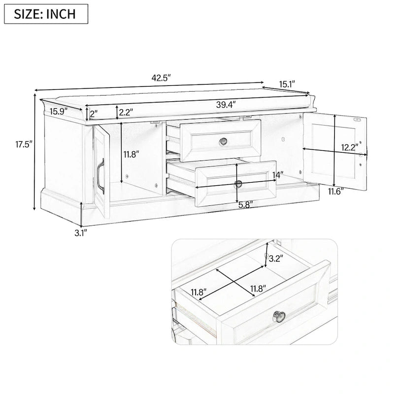 Banc à Chaussures de Rangement avec 2 Tiroirs, 2 Armoires et Coussin Amovible