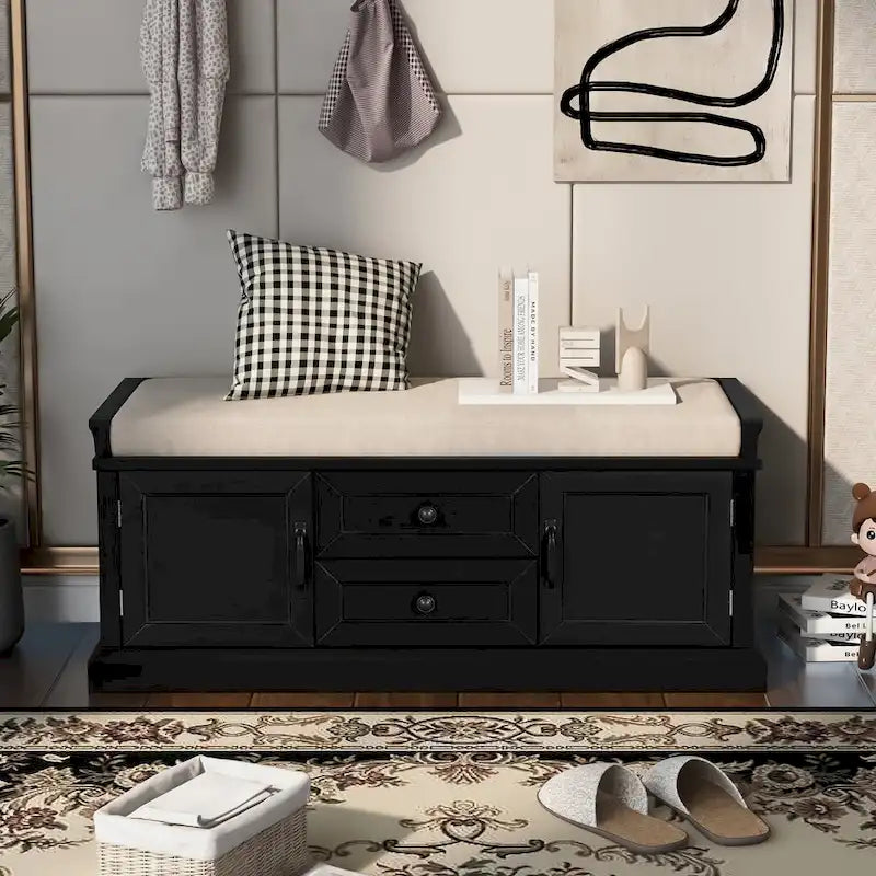 Banc à Chaussures de Rangement avec 2 Tiroirs, 2 Armoires et Coussin Amovible