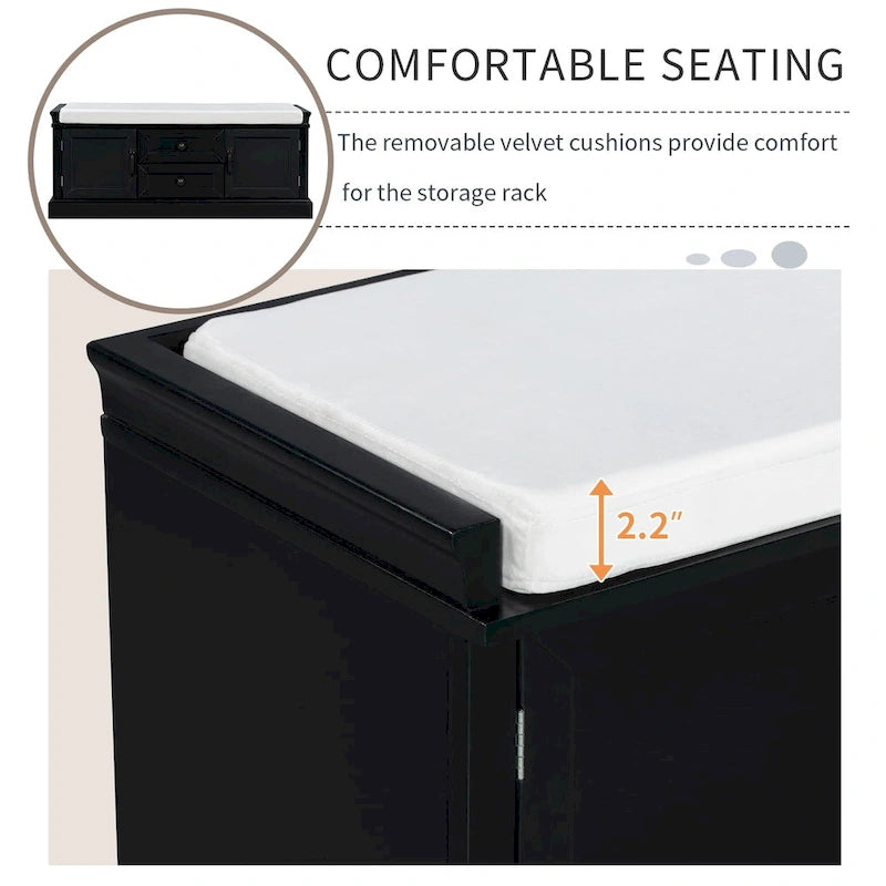 Banc à Chaussures de Rangement avec 2 Tiroirs, 2 Armoires et Coussin Amovible