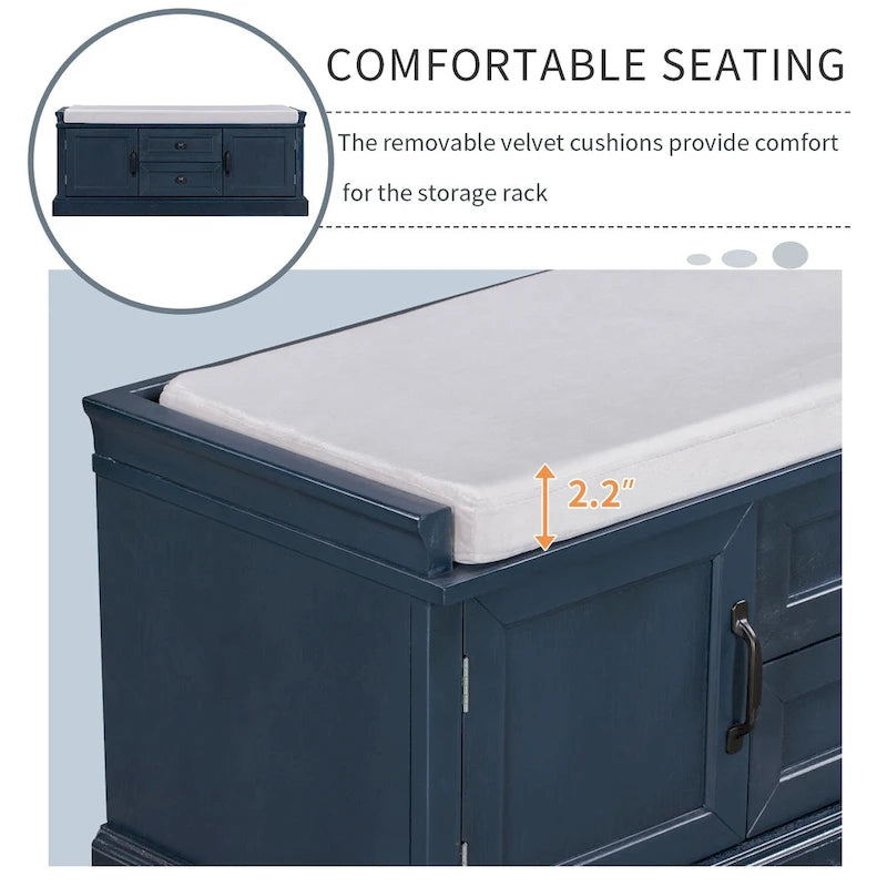 Banc à Chaussures de Rangement avec 2 Tiroirs, 2 Armoires et Coussin Amovible