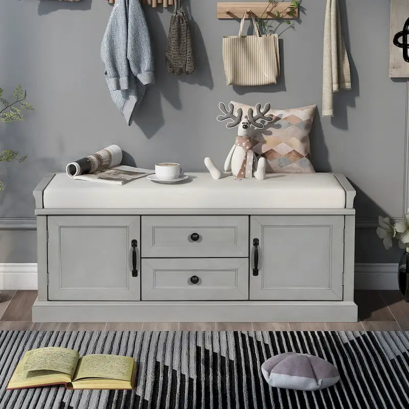 Banc à Chaussures de Rangement avec 2 Tiroirs, 2 Armoires et Coussin Amovible