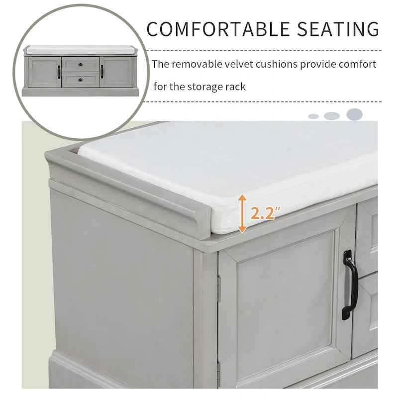Banc à Chaussures de Rangement avec 2 Tiroirs, 2 Armoires et Coussin Amovible