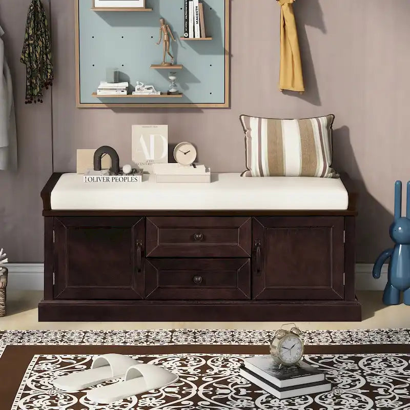 Banc à Chaussures de Rangement avec 2 Tiroirs, 2 Armoires et Coussin Amovible