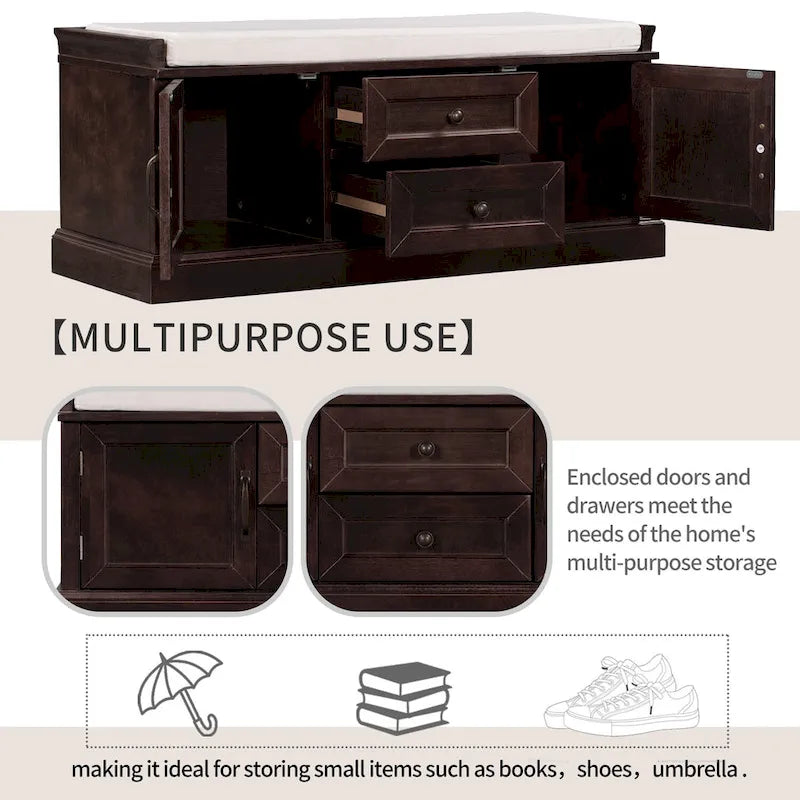 Banc à Chaussures de Rangement avec 2 Tiroirs, 2 Armoires et Coussin Amovible