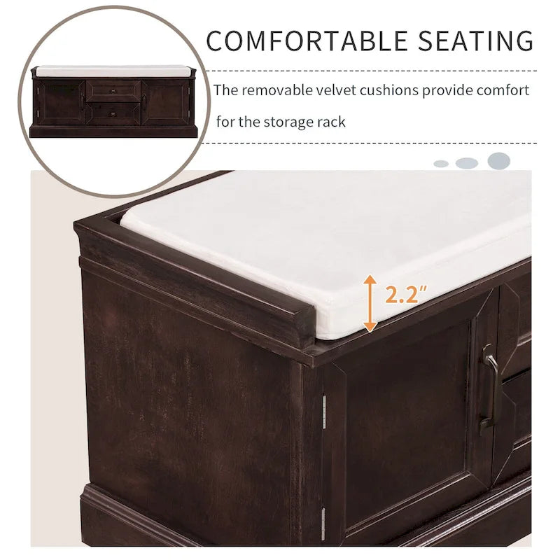 Banc à Chaussures de Rangement avec 2 Tiroirs, 2 Armoires et Coussin Amovible
