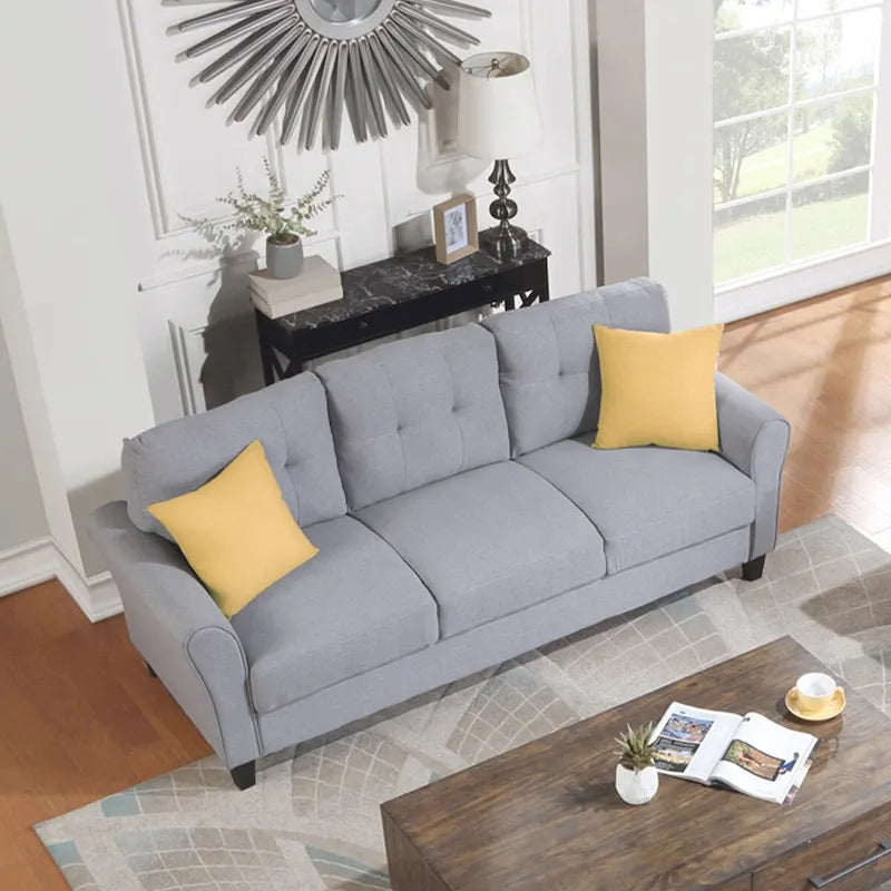 Canapé 3 places moderne en lin gris clair-bleu, coussin confortable