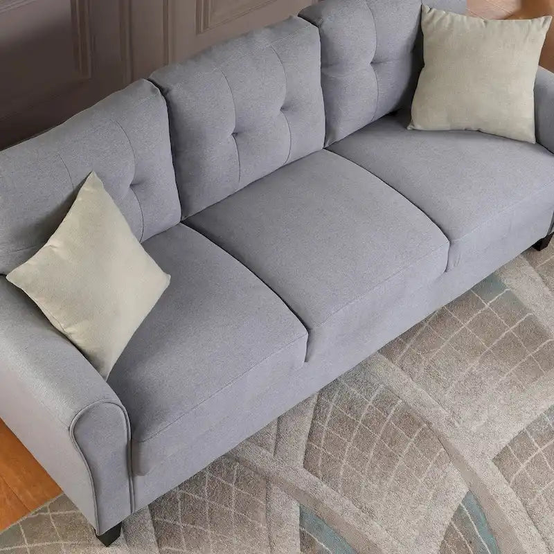 Canapé 3 places moderne en lin gris clair-bleu, coussin confortable