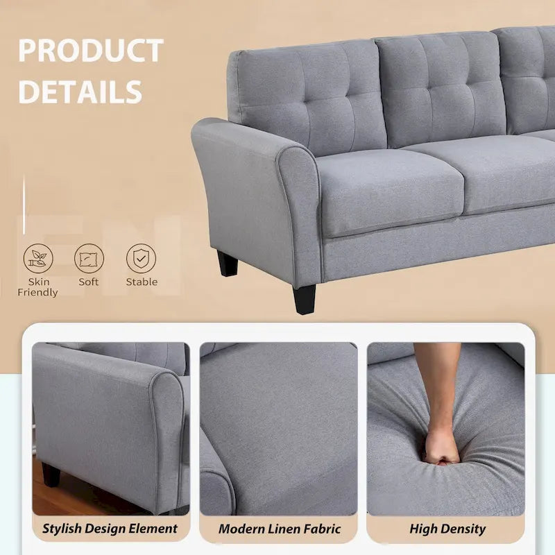 Canapé 3 places moderne en lin gris clair-bleu, coussin confortable