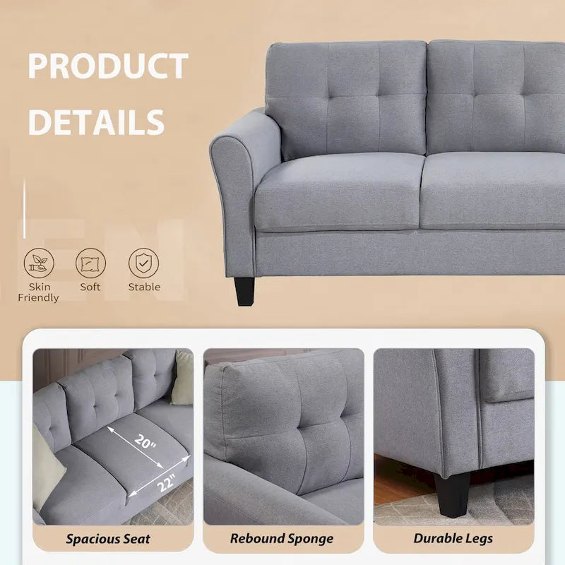 Canapé 3 places moderne en lin gris clair-bleu, coussin confortable