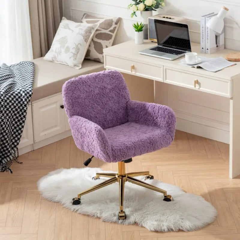 Fauteuil de bureau, fauteuil de bureau en poils de lapin artificiel avec base en métal doré