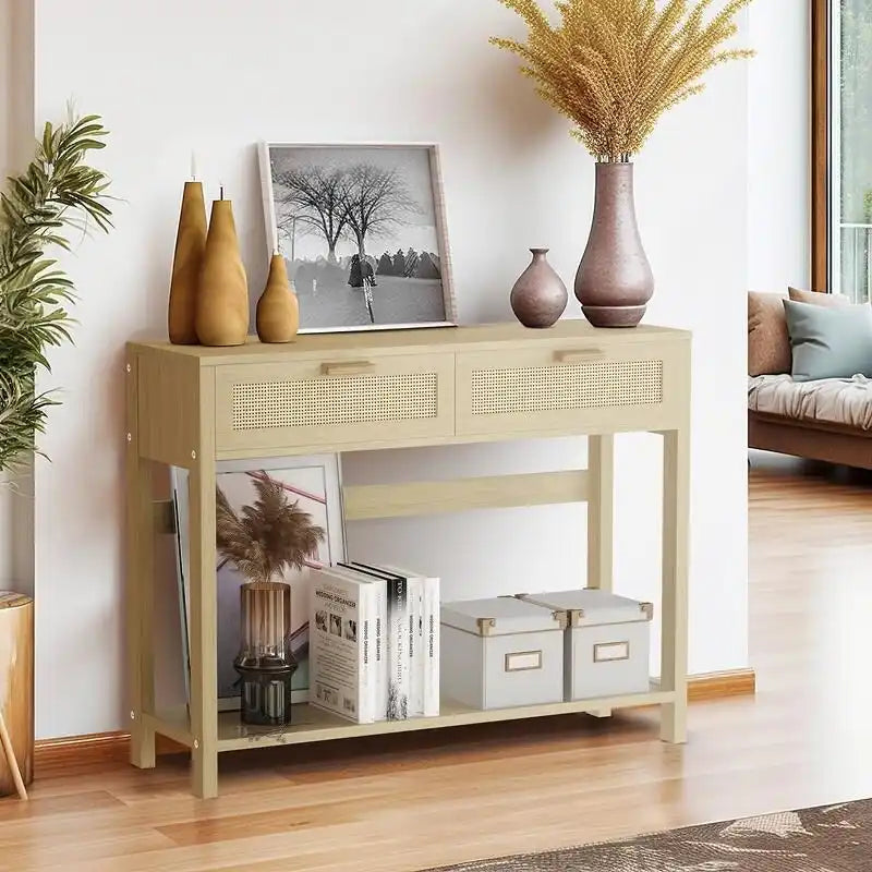 Console en rotin de style rustique, 39 tables d'appoint, table d'entrée étroite en bois bohème rustique avec tiroirs et étagère de rangement