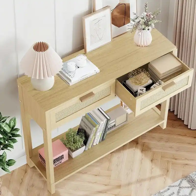 Console en rotin de style rustique, 39 tables d'appoint, table d'entrée étroite en bois bohème rustique avec tiroirs et étagère de rangement