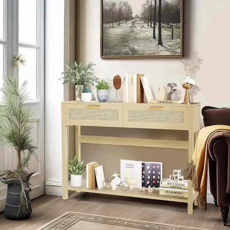 Console en rotin de style rustique, 39 tables d'appoint, table d'entrée étroite en bois bohème rustique avec tiroirs et étagère de rangement